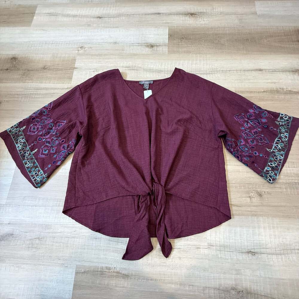 Olivia & Martin Women's Burgundy Embroidered Tie-Front Top Size 3X